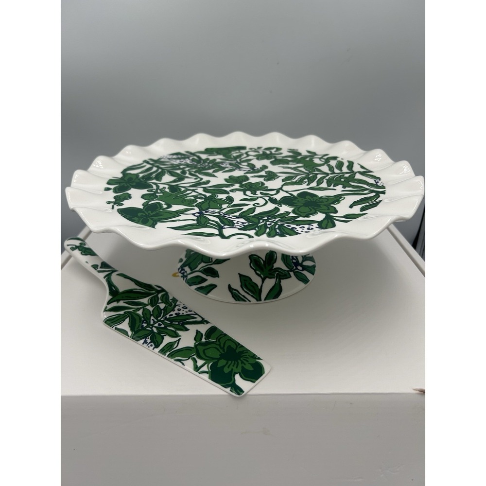 Lilly Pulitzer 017521 12in Ceramic Cake Stand & Knife Set Green/White Floral